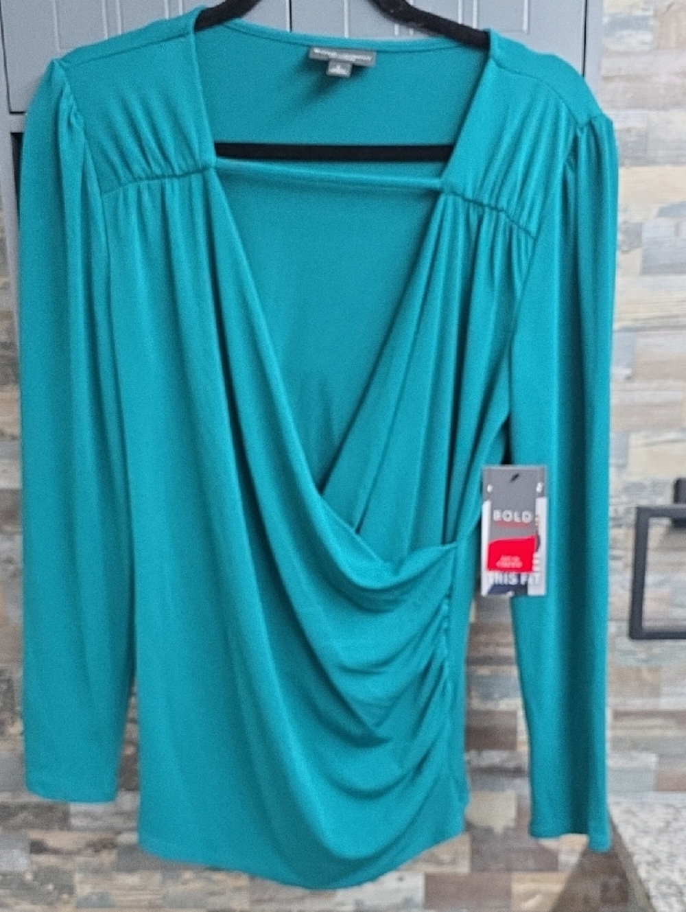 BOLD elements Teal Draped Cowl Neck Long-Sleeve Blouse